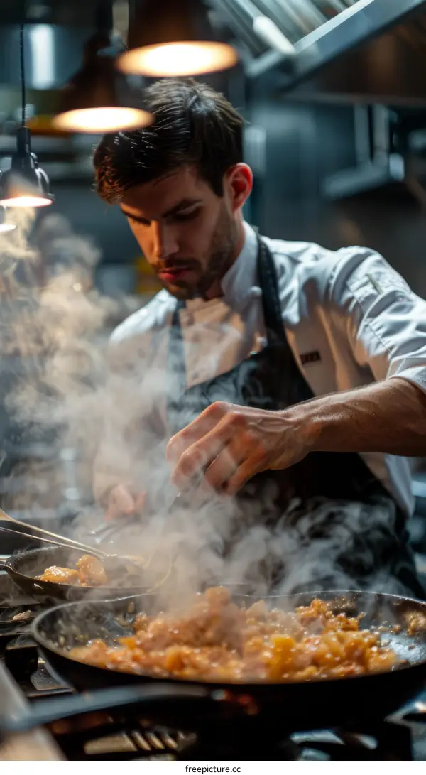 Focused male chef cooking in a busy kitchen