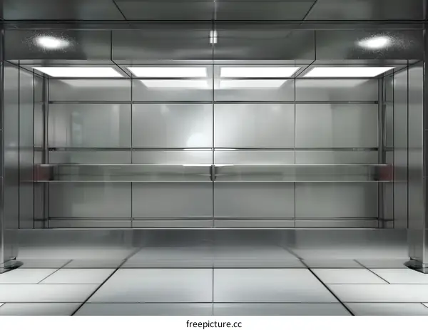 Empty Stainless Steel Room with Glass Shelf and Lights