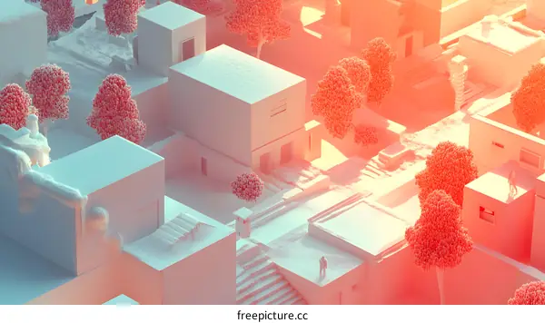White Minimalist Architecture with Pink Trees and a Warm Sunset