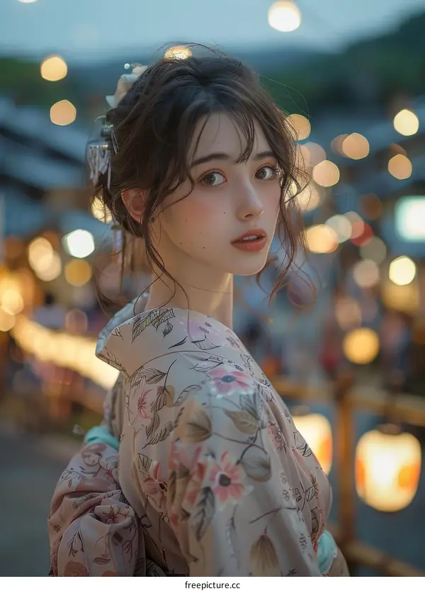 Beautiful Asian Woman in Traditional Kimono at Night