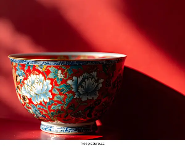 Red and Blue Chinese Teacup with Floral Pattern