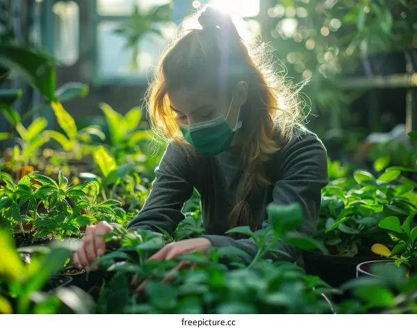 Young female botanist working in a greenhouse