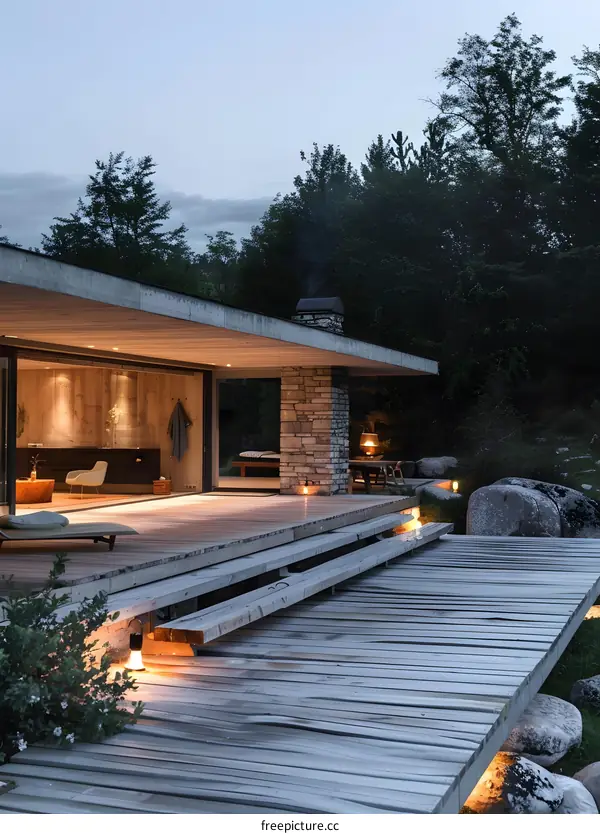 Modern Wooden Deck With Stone Steps Extending Out Into a Forest
