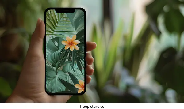 Phone with Tropical Leaves and Flowers Wallpaper