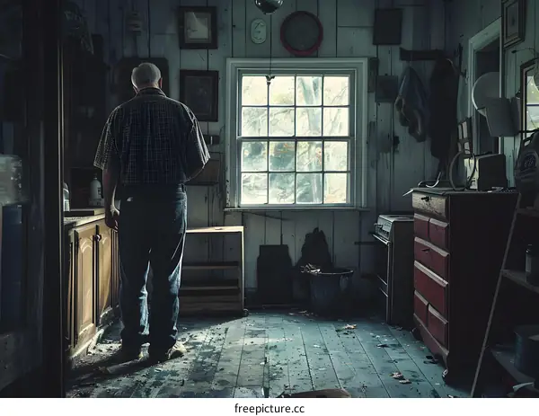 An old man standing in a messy kitchen