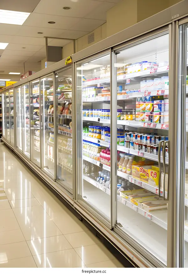 Refrigerator Aisle in Supermarket with Food Products