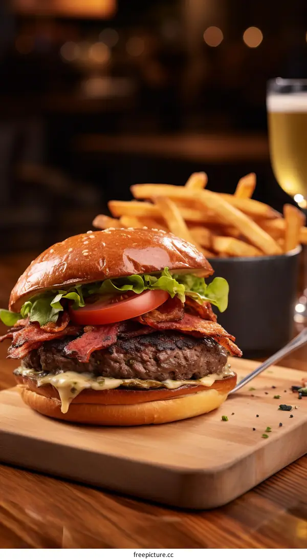 A delicious burger with bacon, cheese, and fries