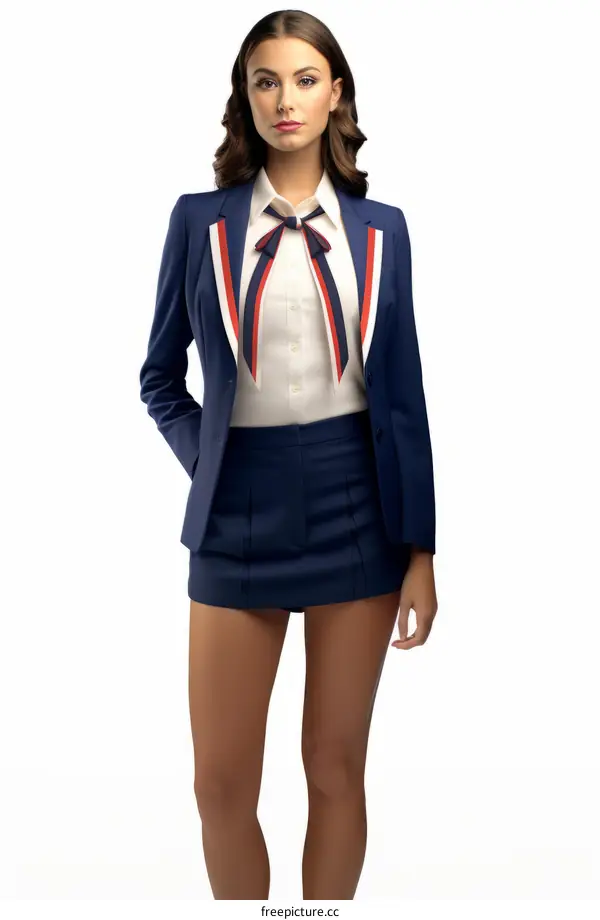Young woman wearing a blue suit and a red, white, and blue bow tie