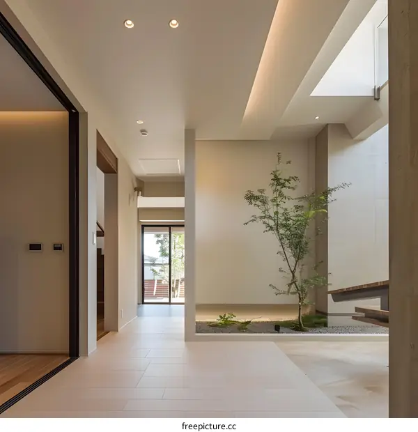 Modern Minimalist Interior Design with Small Tree in the Foyer