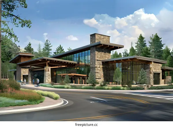 Modern Stone Building with Wooden Accents and a Driveway