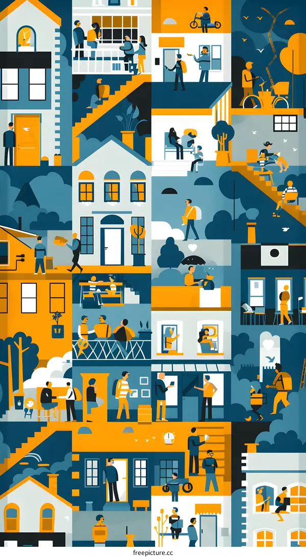 Colorful Illustration of People in a Neighborhood