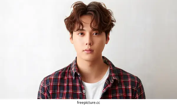 portrait of a young asian man with wavy brown hair wearing a plaid shirt