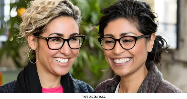 Two Smiling Women Friends Wearing Glasses