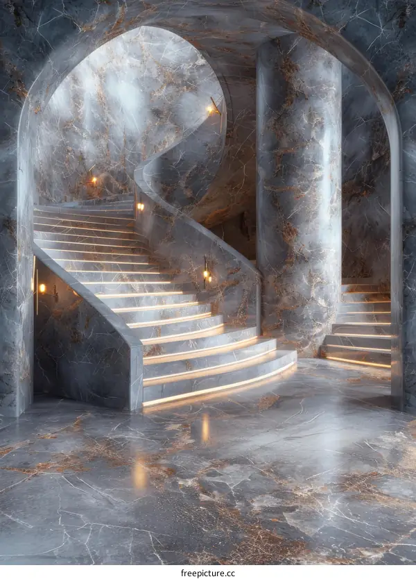 Modern Hotel Grand Staircase with Neutral Tones and Lighting Design