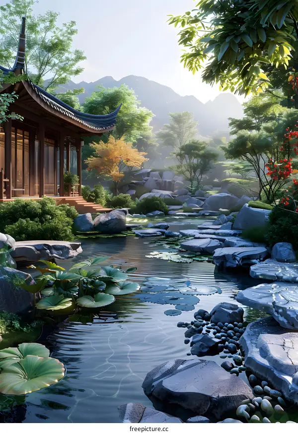 Chinese style garden with mountain and river