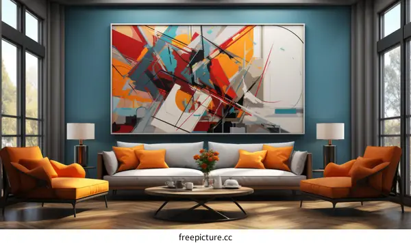 An illustration of a living room with a large painting on the wall