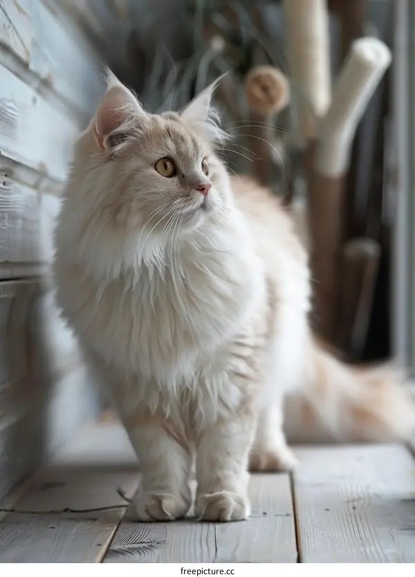 A ginger cat is standing on the wooden floor