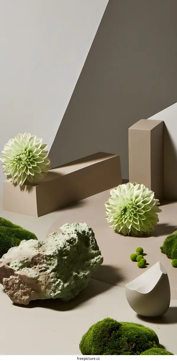 Minimalist Still Life with Green Flowers and Stone