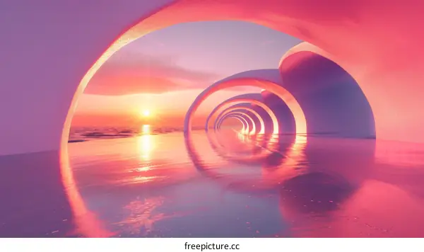 Pink Seascape with Arch Structures at Sunset