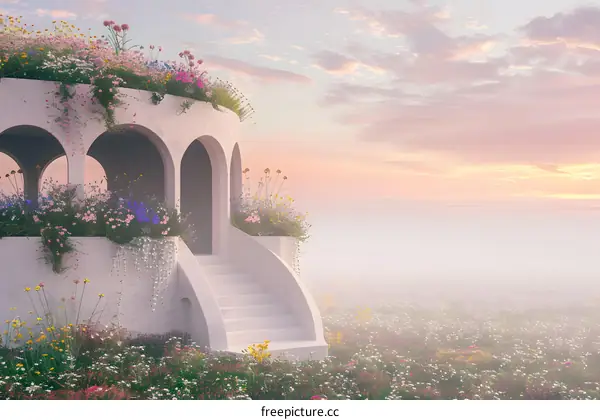 White Building with Arched Entryways Surrounded by Flowers at Sunset
