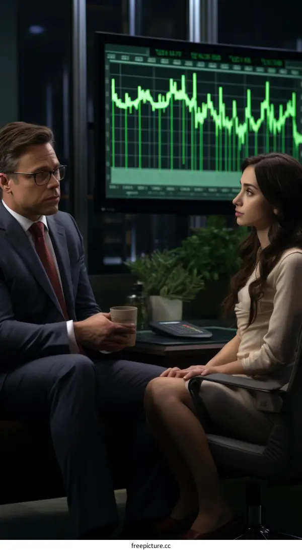 man and woman in suits talking in an office