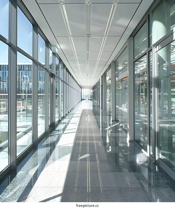Modern Glass Corridor with Sunlight