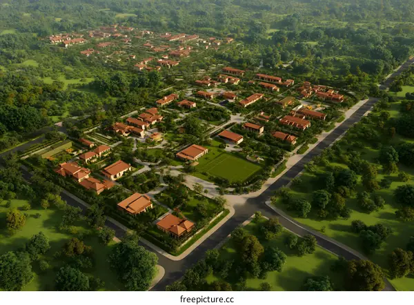 Aerial View of a Residential Community with Houses and Green Space