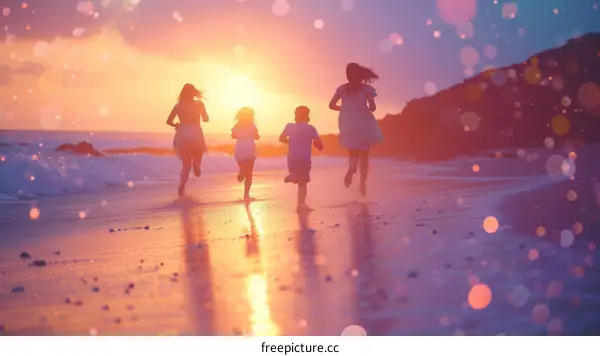 Family running on the beach at sunset