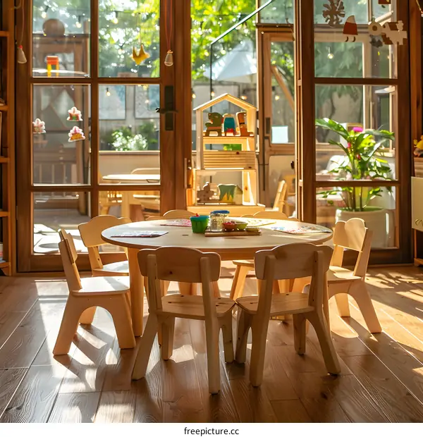 Wooden Table and Chairs in a Playroom with a View of a Garden