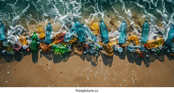 Plastic Bottles and Trash Polluting a Beach