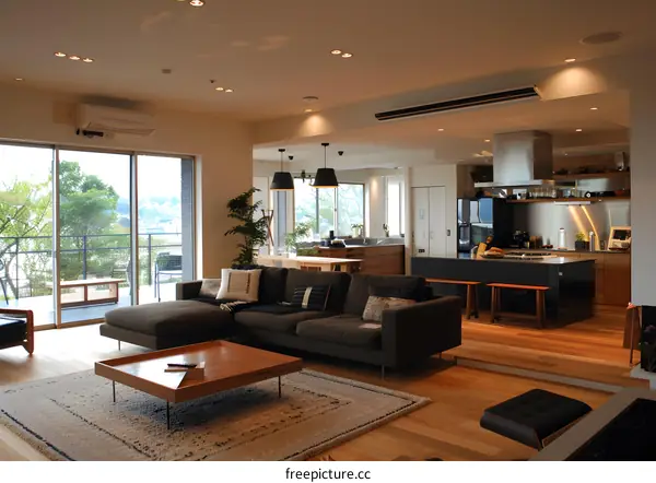 Modern Living Room With Kitchen Island And Large Windows