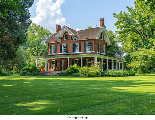 Large brick house with lush green lawn and trees