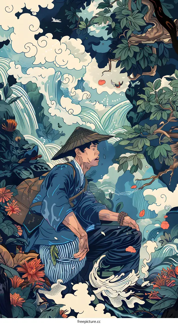 Asian Man Sitting on a Rock With a Backpack in a Forest