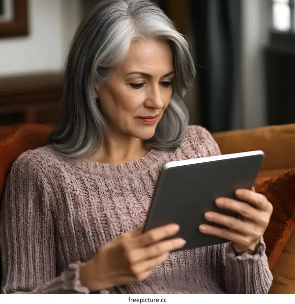 Caucasian Woman Using Digital Tablet at Home