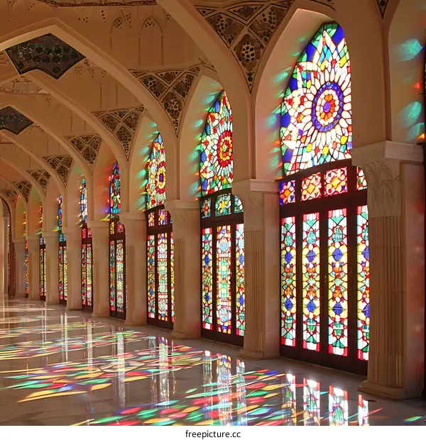 Stained glass windows of Nasir ol Molk Mosque in Shiraz, Iran