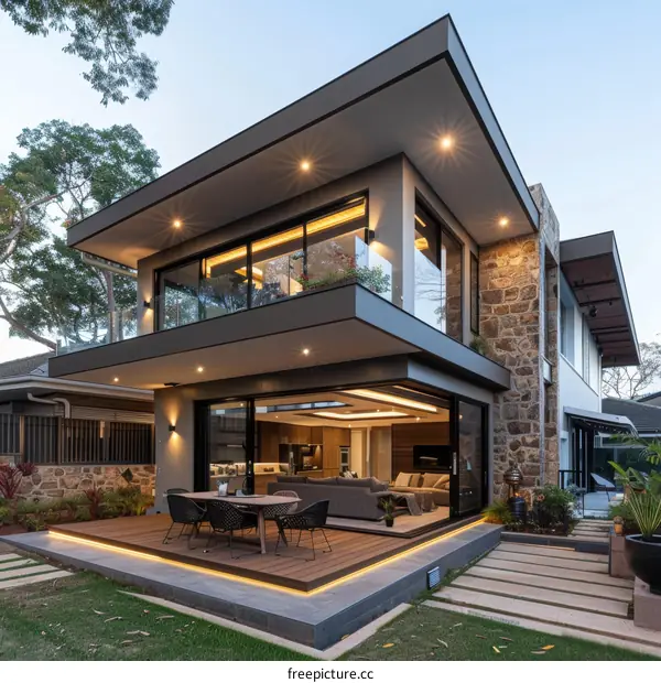Modern Two-Story House with Terrace and Stone Wall