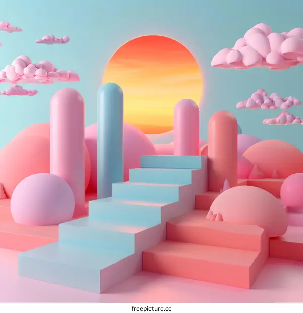 3D rendering of a surreal landscape with a staircase leading up to a glowing sun