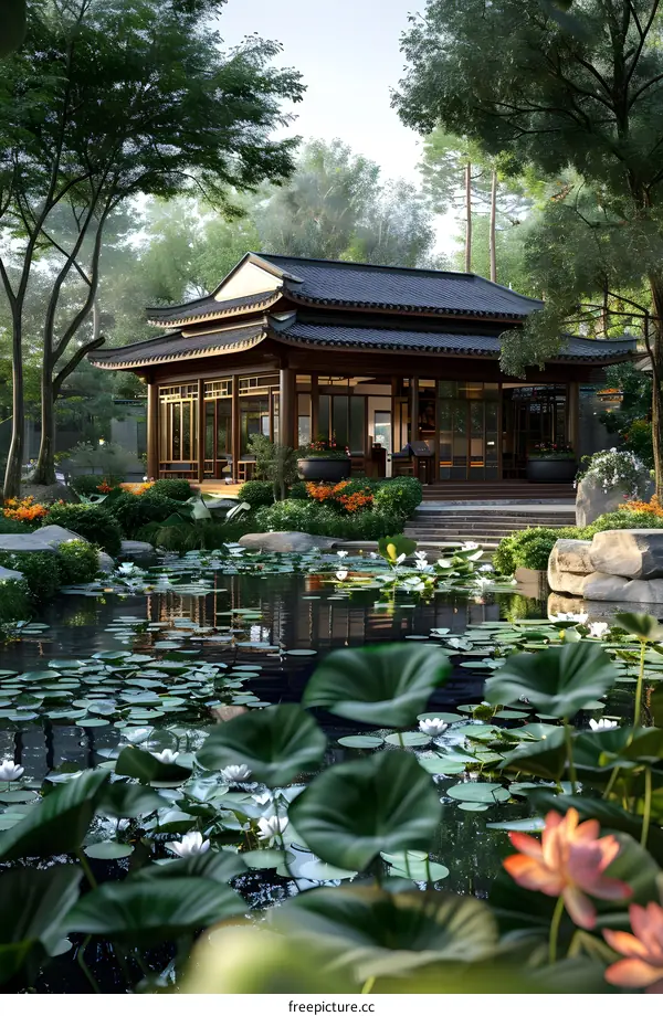 Chinese style pavilion surrounded by lotus pond and trees