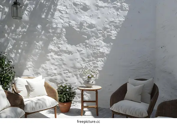 White Wall Patio With Wicker Chairs and Flowers