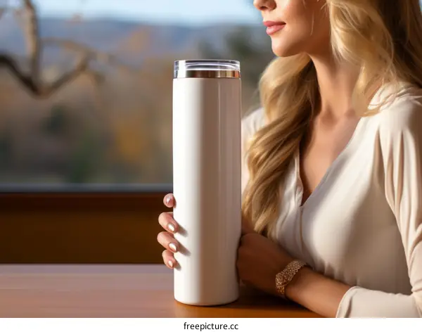 Elegant blonde woman with a white tumbler
