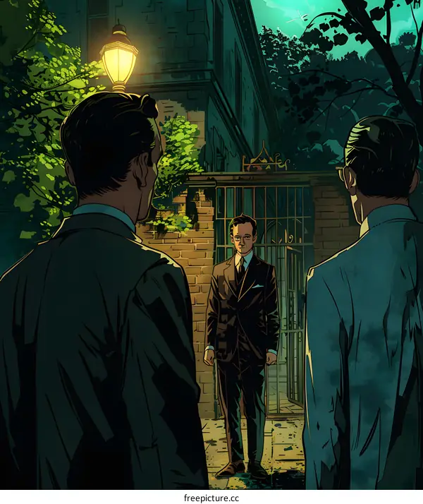 Three men in suits talking in front of a gate