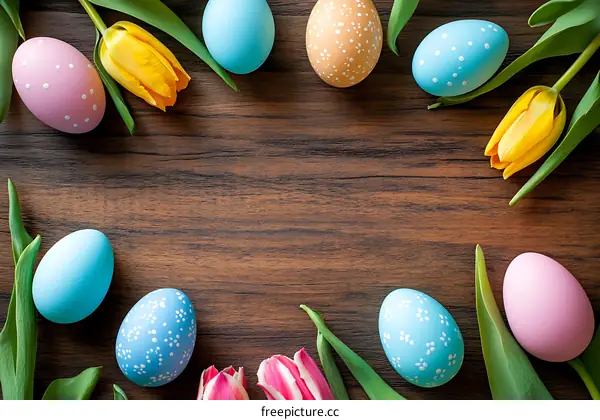 Easter Eggs and Tulips on Wooden Background