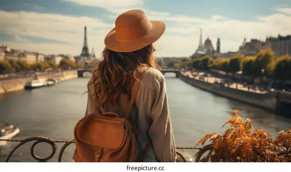 Young woman admiring the view of Paris from a bridge