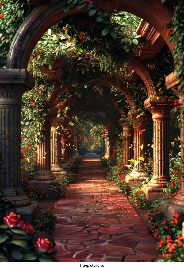 Whimsical Garden Path with Stone Arch and Flowers