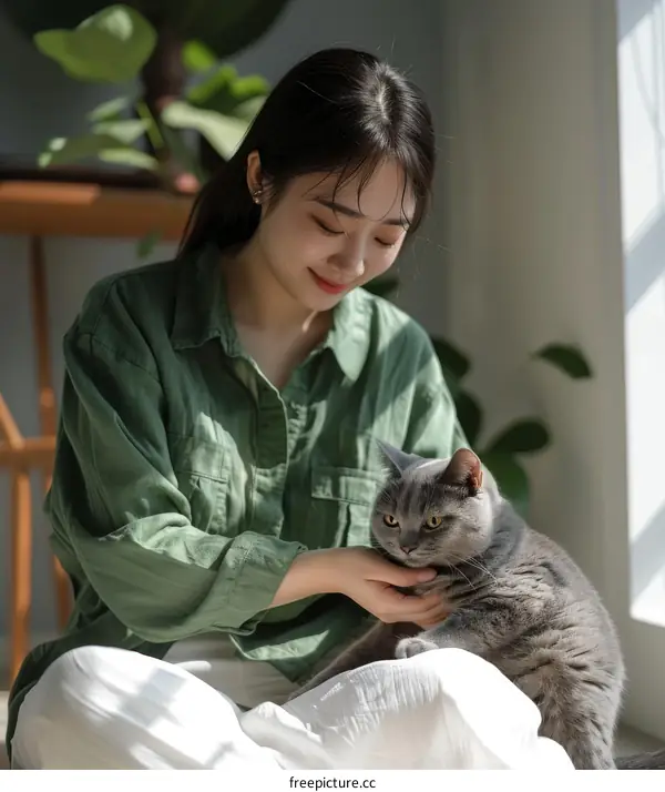 A young woman is petting a gray cat in the living room