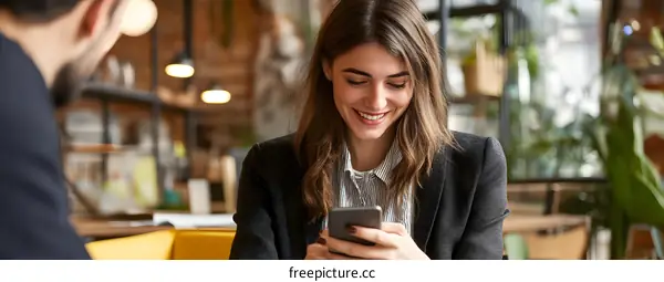 Smiling Woman Looking at Her Smartphone in a Cafe