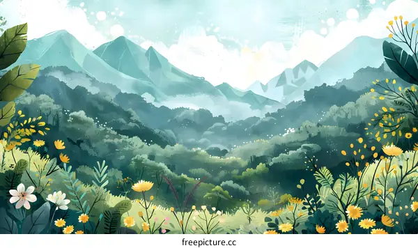 Mountain Range with Lush Green Trees and Flowers in the Foreground