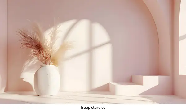 Minimalist Room Interior With Vase of Pampas Grass And Sunlight