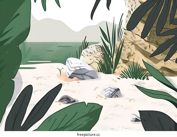 Abstract Illustration of a Tropical Beach Landscape with Sand, Stones, and Lush Foliage