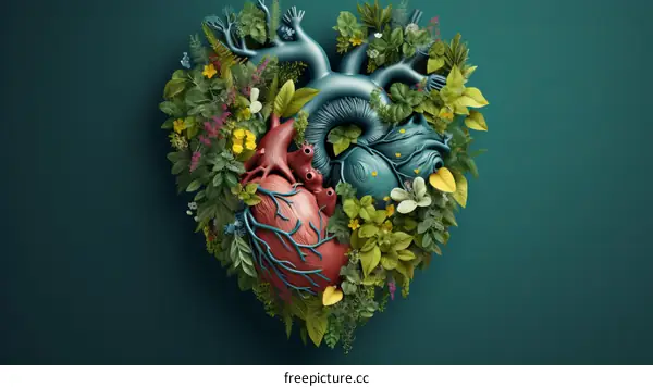 Vibrant illustration of a human heart made of twisting vines and blooming flowers